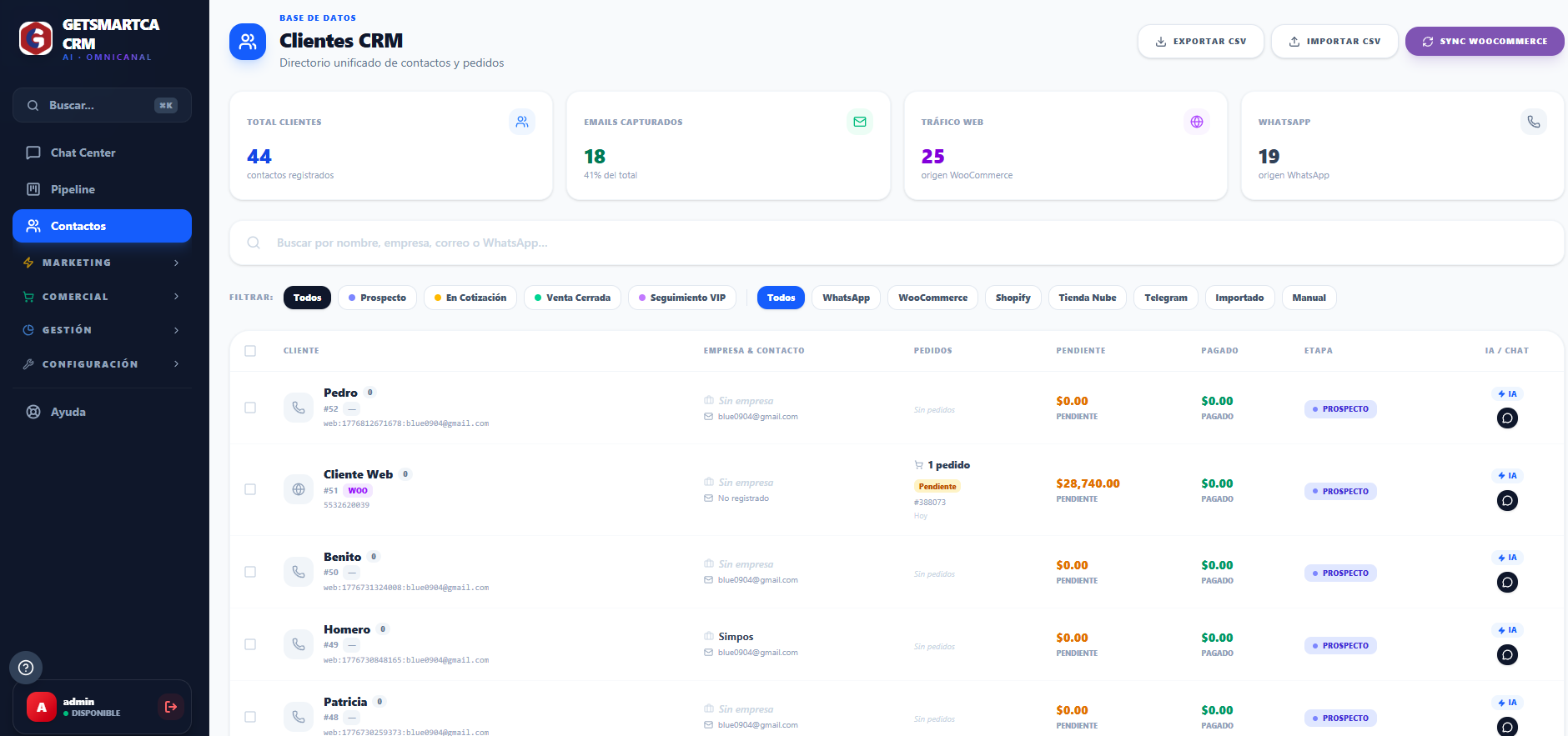 ConversaHub CRM — directorio de clientes con filtros por canal y pipeline comercial