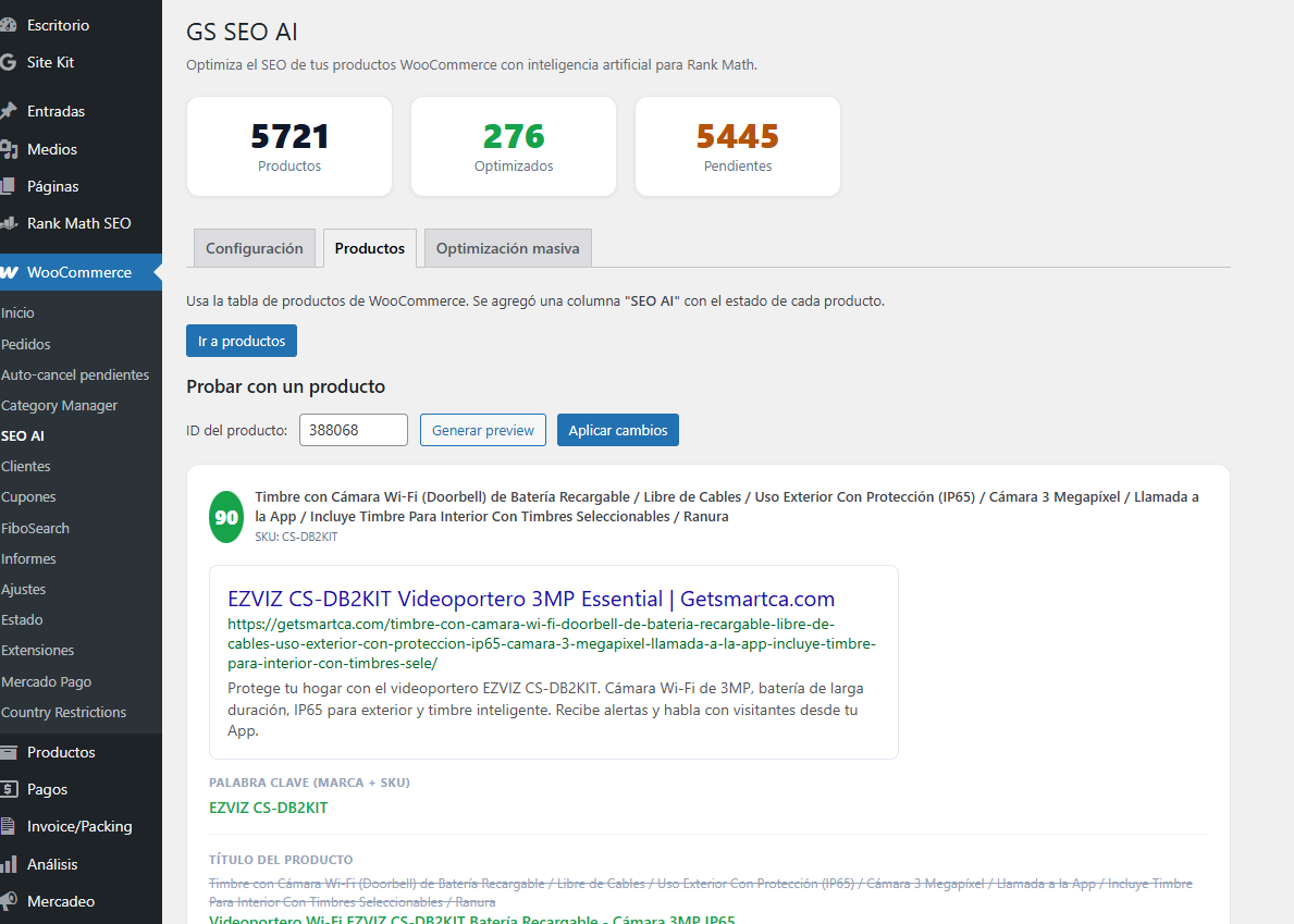 GS SEO AI — optimización SEO con IA para productos WooCommerce integrado con Rank Math
