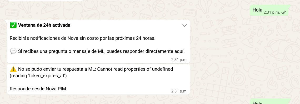 NOVA enviando notificaciones de Mercado Libre por WhatsApp
