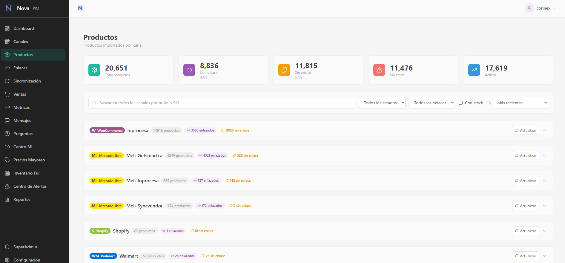 NOVA PIM — gestión de 20k+ productos sincronizados con WooCommerce, Mercado Libre, Shopify y Walmart