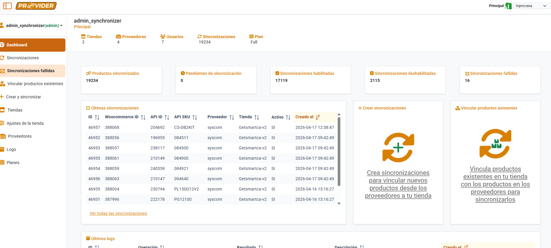 Provider Sync — dashboard de sincronización con 19k+ productos procesados entre proveedores y tienda